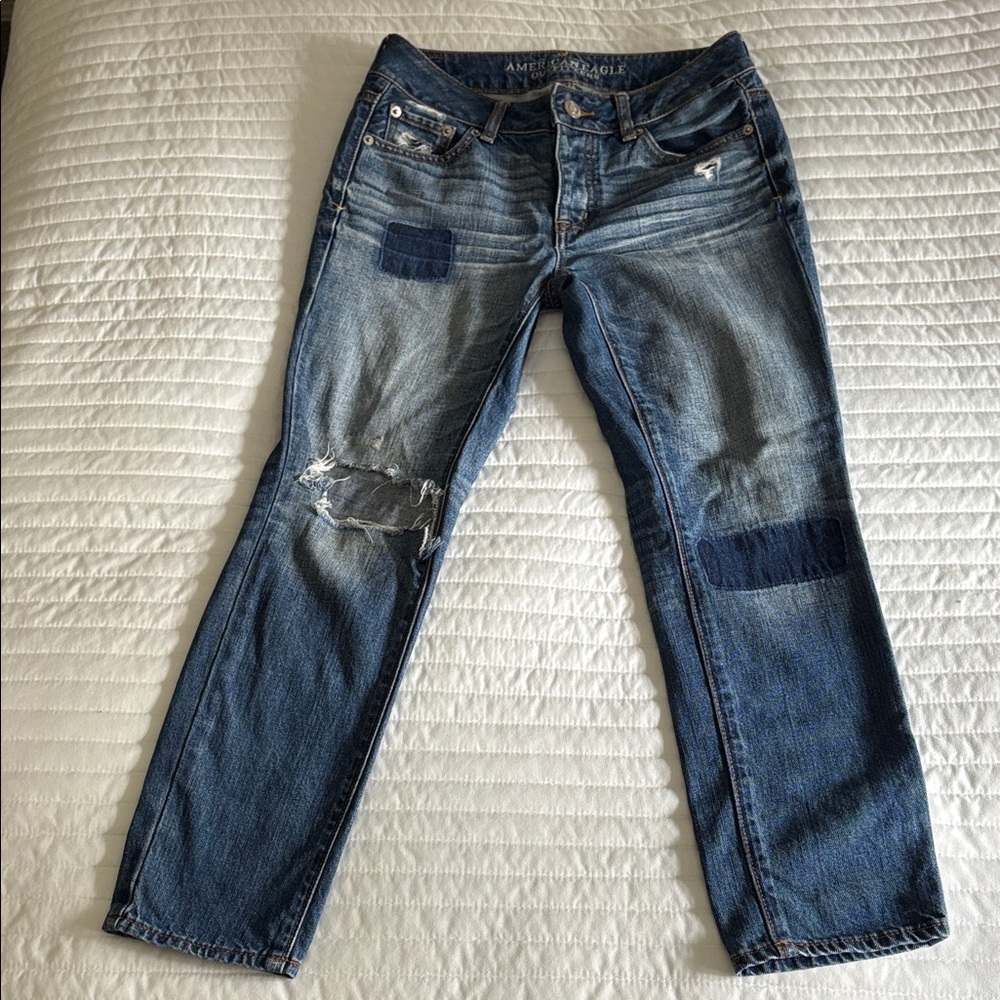 American Eagle Outfitters “Boy Crop” Button Fly Distressed Blue Denim